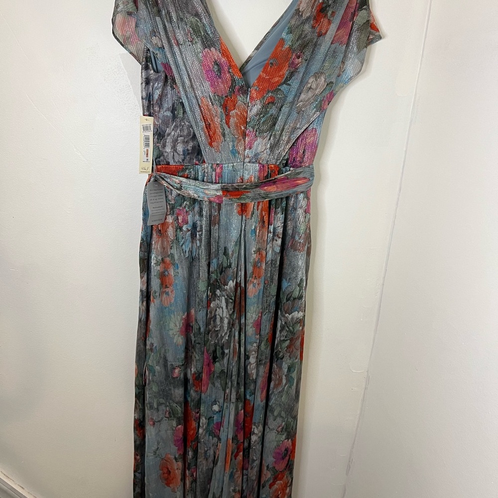 Metallic Floral Drape Shoulder Gown
